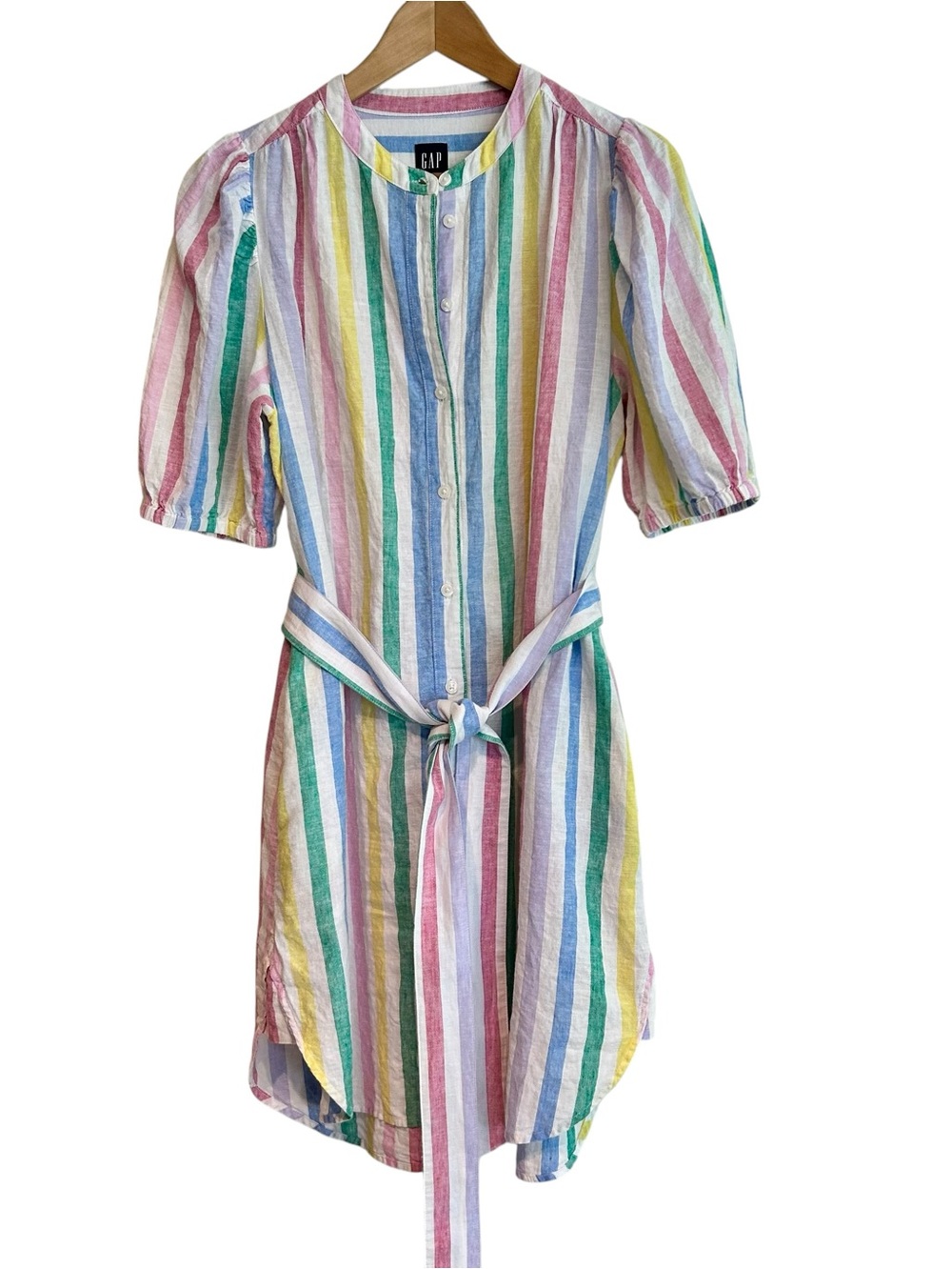 GAP Linen Cotton Blend Rainbow Stripe Shirt Dress Belted Size M
